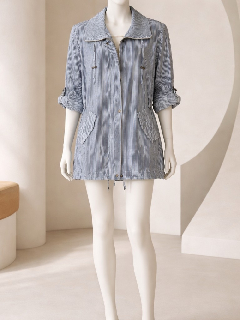 AMX Women's Blue & White Striped  Utility Jacket Size LG Costal Cottagecore